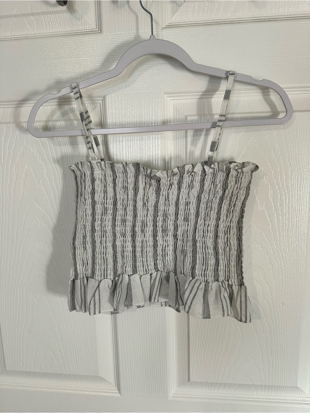 Striped Smocked Ruffle Tank Top - Gray/White - Picture 3 of 3